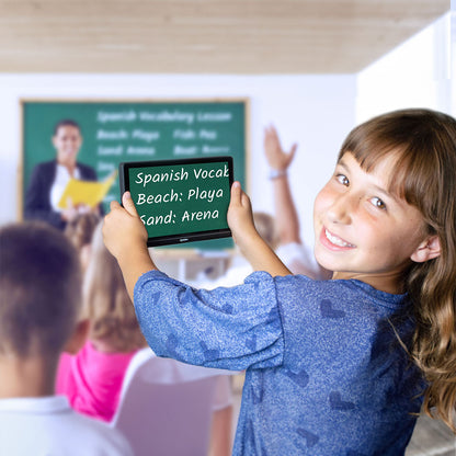 Young student using Compact 8 HD to view chalkboard in classroom