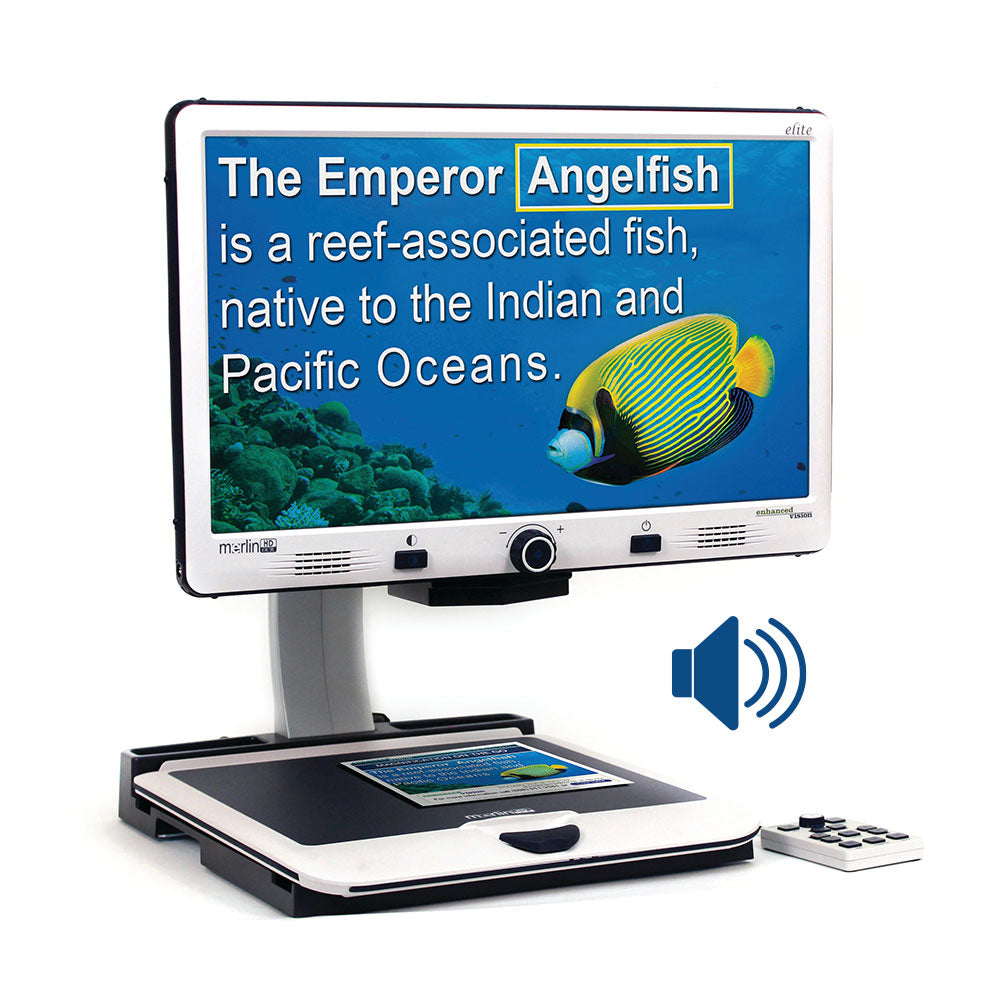 Merlin elite Pro HD/OCR magnifying and reading aloud a colorful document about tropical fish