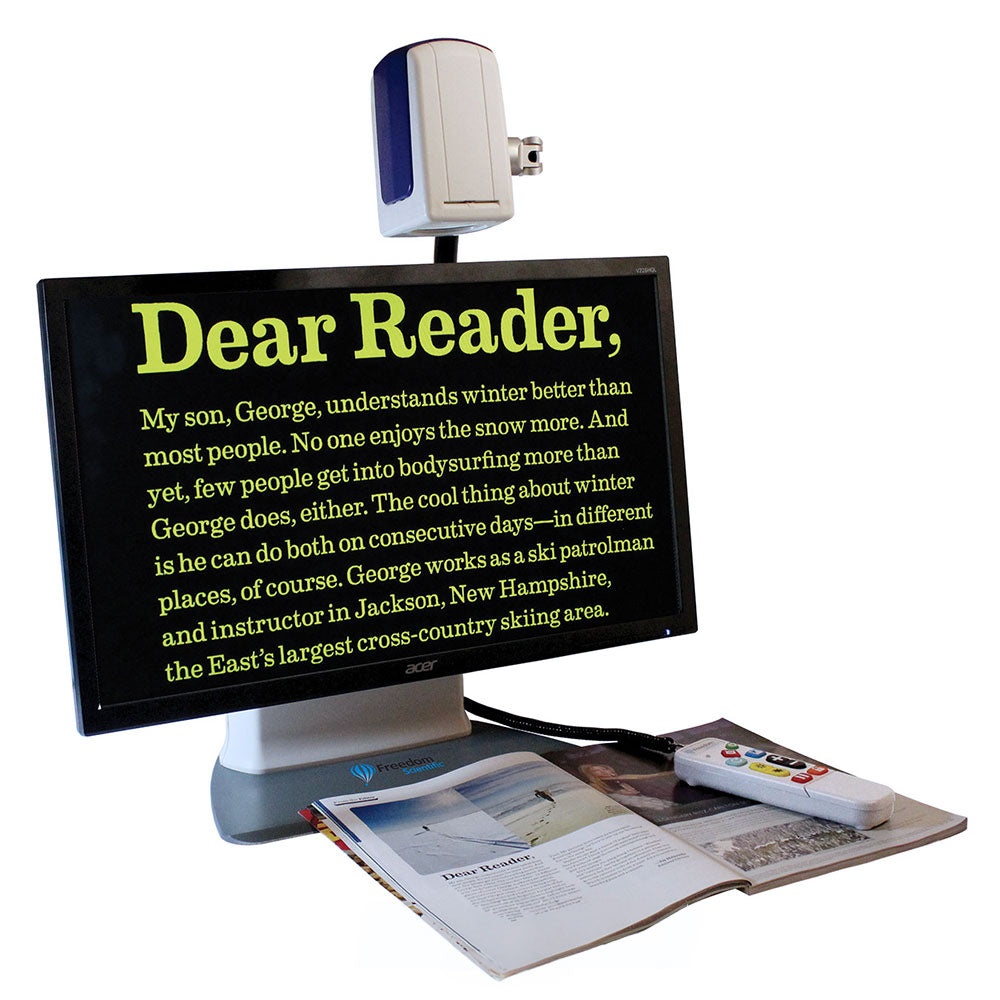 ONYX Deskset desktop video magnifier - magnifying a magazine