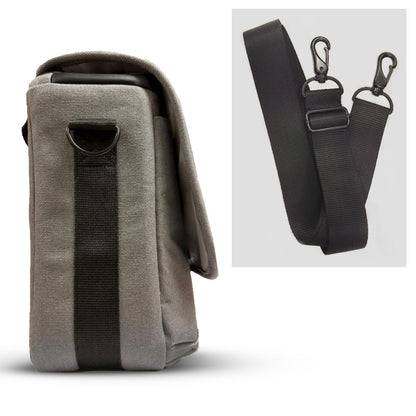 ClearReader+ soft carrying case, side view shows clip for strap, strap also shown in pop-out view