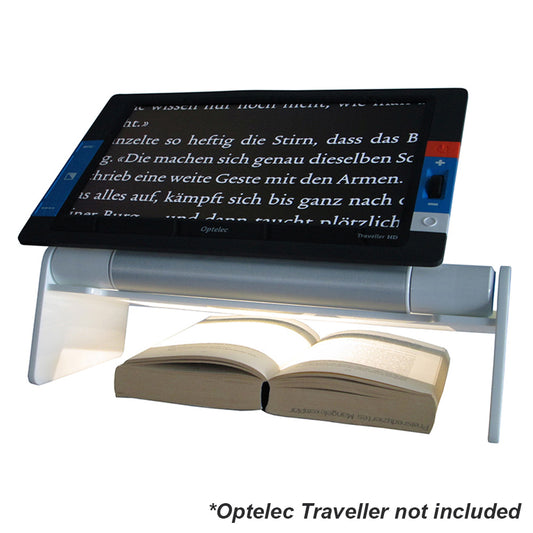 Optelec Traveller on reading stand with book underneath